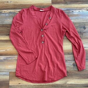 Lovely Melody Buttoned Ribbed Top - Deep V w/ Buttons - Rich Red